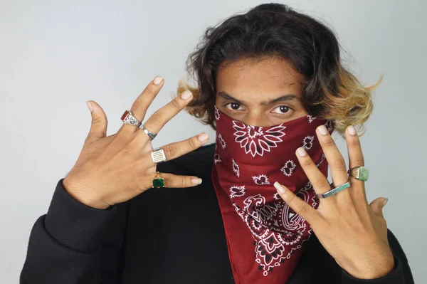 Young Thug Indian Male Bandana Covering His Face Rings His — стоковое фото