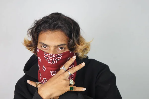 Young Thug Indian Male Bandana Covering His Face Rings His — стоковое фото