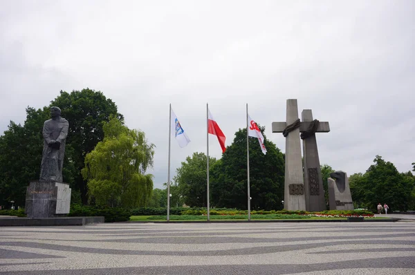 Poznan Poland Jun 2017 Adam Mickiewicz Square Three Flags Cross — Stock Photo, Image