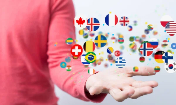 Återgivning Olika Nationella Flaggor Ett Virtuellt System Hand Med Vit — Stockfoto