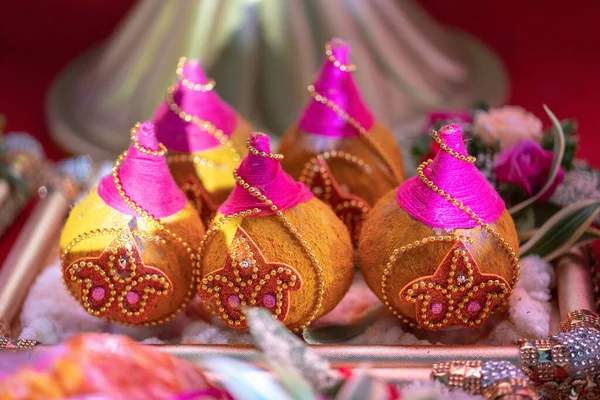 Selective Focus Shot Coconuts Decorated Pink Yellow Jewels Indian Party — Stock Photo, Image