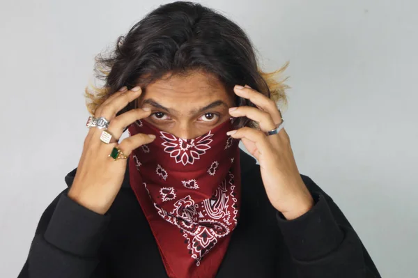 Young Thug Indian Male Bandana Covering His Face Rings His — стоковое фото
