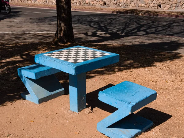 Concrete Chess Table Chairs Sunlight Outdoors — Stock Photo, Image