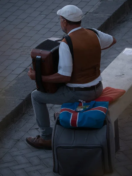 Siracusa Italia Julio 2021 Músico Callejero Tocando Acordeón Italia — Foto de Stock