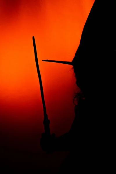 Colpo Verticale Una Silhouette Una Strega Con Sua Bacchetta Halloween — Foto Stock