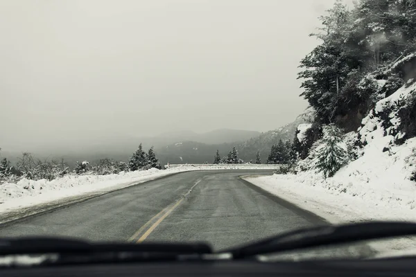 Vägen Med Snöiga Träd Sidorna Sett Från Bilen — Stockfoto