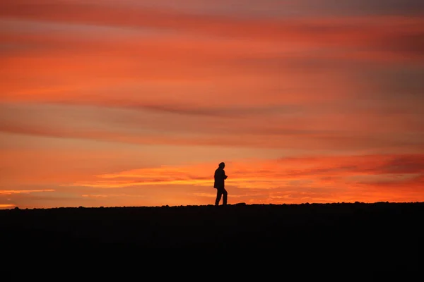 Silueta Člověka Který Kráčí Poli Během Krásného Západu Slunce Sudé — Stock fotografie