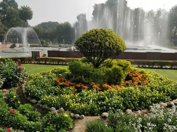 Een Landschap Van Fonteinen Omringd Door Groen Bloemen Mughal Gardens — Stockfoto