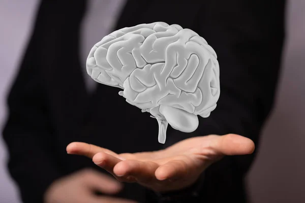 Uma Renderização Conceito Cérebro Humano Uma Mão Com Terno Preto — Fotografia de Stock