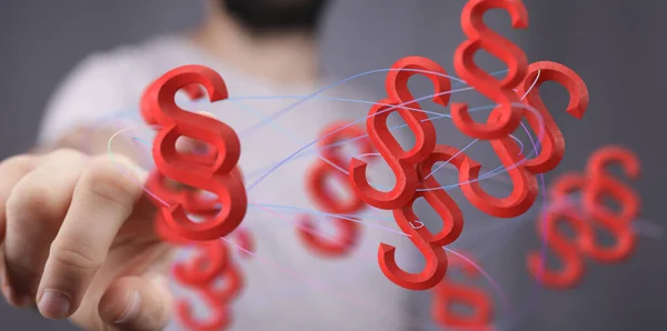 A 3D rendering of red digital paragraph law symbols connected by a blue wire with a hand reaching