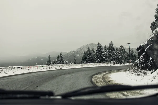 Weg Met Besneeuwde Bomen Aan Zijkanten Gezien Vanuit Auto — Stockfoto