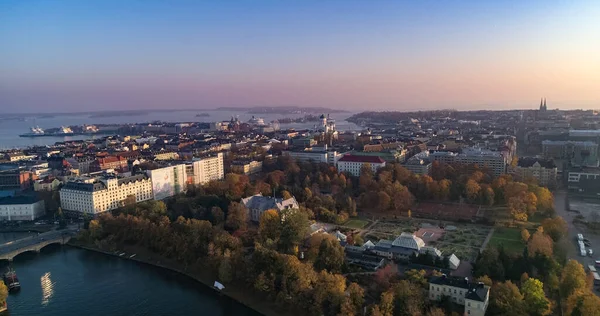 Vue Aérienne Par Drone Centre Ville Helsinki Durant Soirée Brumeuse — Photo