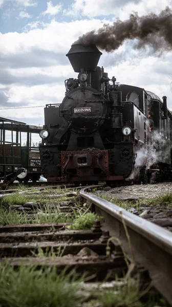 Moldovita Romania 2021年5月4日 罗马尼亚莫卡尼亚老式蒸汽机车和铁路的垂直镜头 — 图库照片