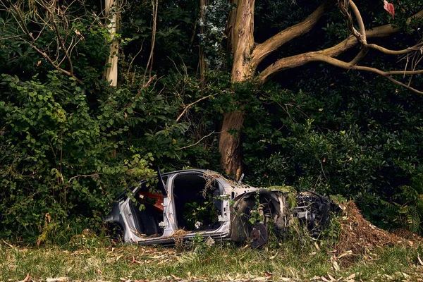 Uma Velha Carcaça Carro Abandonada Floresta — Fotografia de Stock