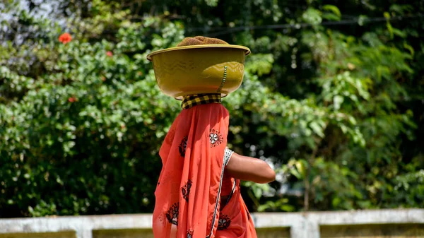 Uma Mulher Carregando Pote Tradicional Indiano Cheio Sementes Cabeça — Fotografia de Stock