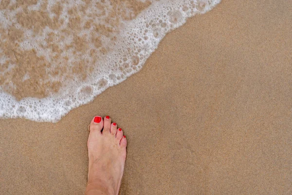 Bir Deniz Kıyısındaki Kumların Üzerindeki Dişi Ayağının Üst Görüntüsü — Stok fotoğraf
