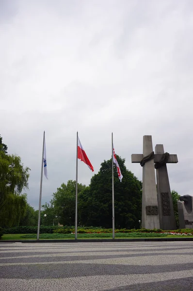 Poznan Pologne Juin 2017 Les Trois Drapeaux Sculpture Croix Indépendance — Photo