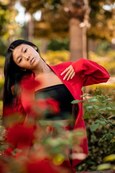 Een Portret Van Een Elegante Oost Aziatische Vrouw Een Rood — Stockfoto