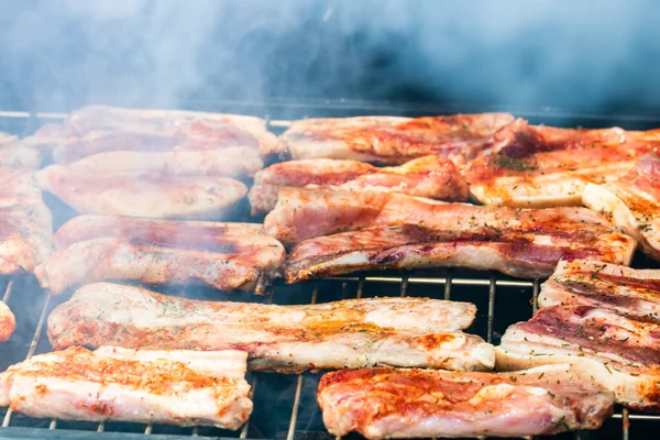 Closeup Shot Grilling Pork Meats Barbecue Grill — Stock Photo, Image