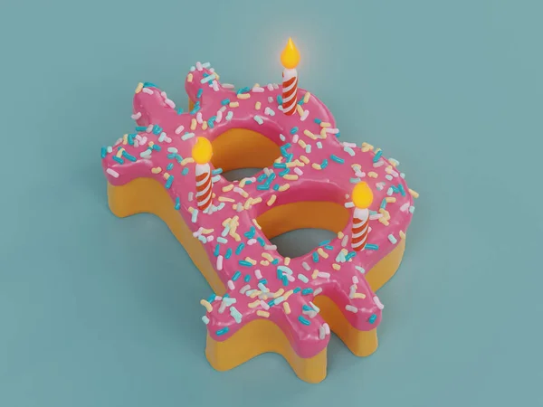 青の背景にビットコインドーナツの誕生日ケーキの3Dレンダリング — ストック写真
