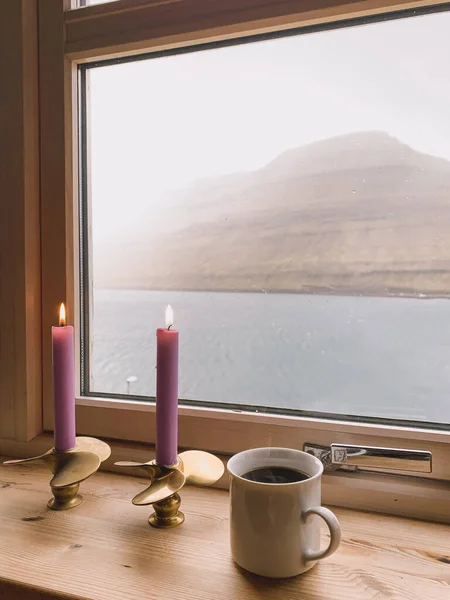 Candles Cup Coffee Window Scandinavian Nature Background Faroe Islands — Stock Photo, Image