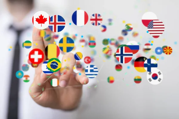 用一只手从背景上敲击世界各国国旗的3D渲染 全球通信概念 — 图库照片