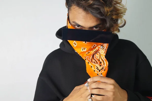 Stylish Indian Male Wearing Orange Bandana Black Sunglasses Posing White — стоковое фото