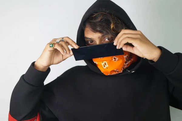 Stylish Indian Male Wearing Orange Bandana Black Sunglasses Posing White — стоковое фото