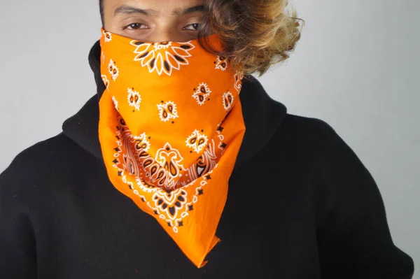 Stylish Indian Male Wearing Orange Bandana Posing White Background — ストック写真