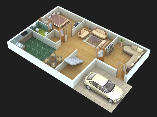 現代住宅の計画とレイアウトの3Dレンダリング図 — ストック写真