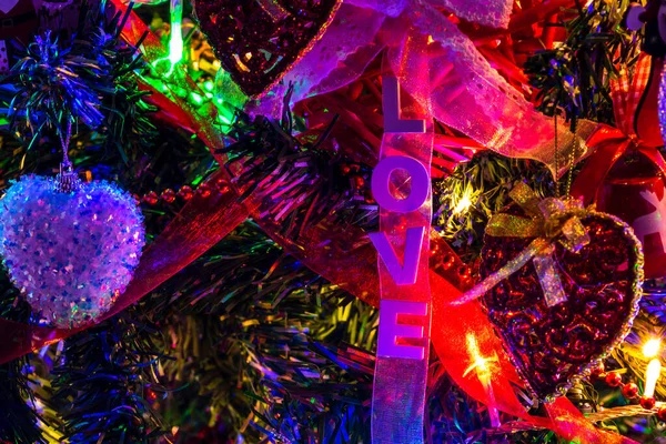Closeup Christmas Tree Colorful Ornaments Lights — Stock Photo, Image