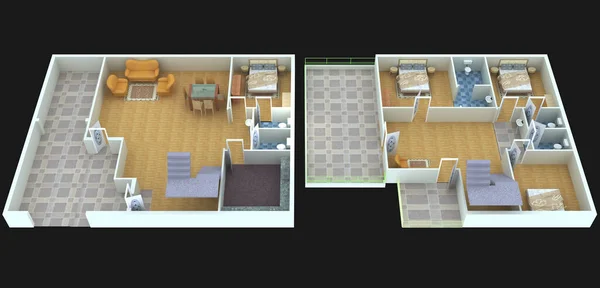 現代住宅の計画とレイアウトの3Dレンダリング図 — ストック写真