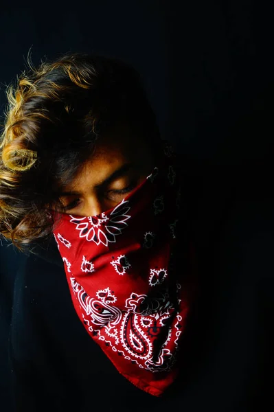 Closeup Stylish Indian Male Wearing Red Bandana His Face Posing — стоковое фото