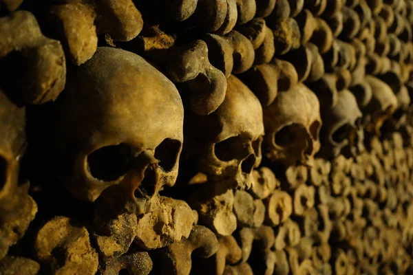 地下の納骨堂に積み上げられた恐ろしい不気味な人間の頭蓋骨と骨 — ストック写真