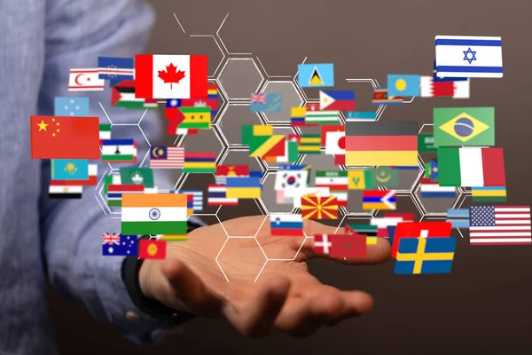 A world map with countries and their flags, a 3D render