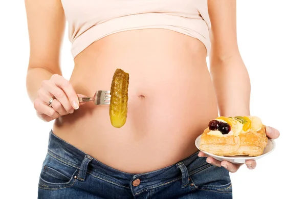 Close Uma Mulher Com Barriga Grávida Segurando Vários Alimentos — Fotografia de Stock