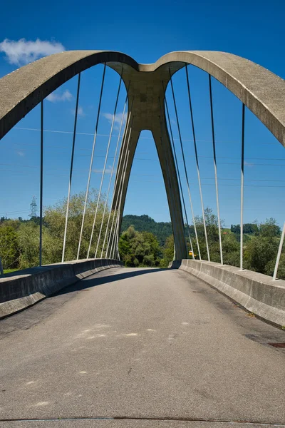 晴れた日には木に囲まれた空のアーチ型の橋の垂直ショット — ストック写真