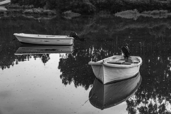 Una Toma Escala Grises Los Viejos Barcos Lago — Foto de Stock