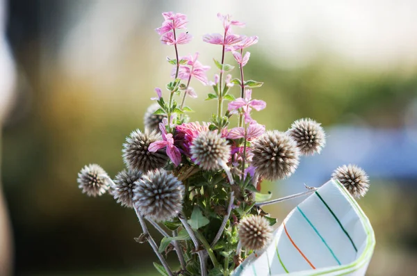 背景がぼやけている太陽の下でフィールド内のEchinops Ritroと野の花の閉鎖 — ストック写真