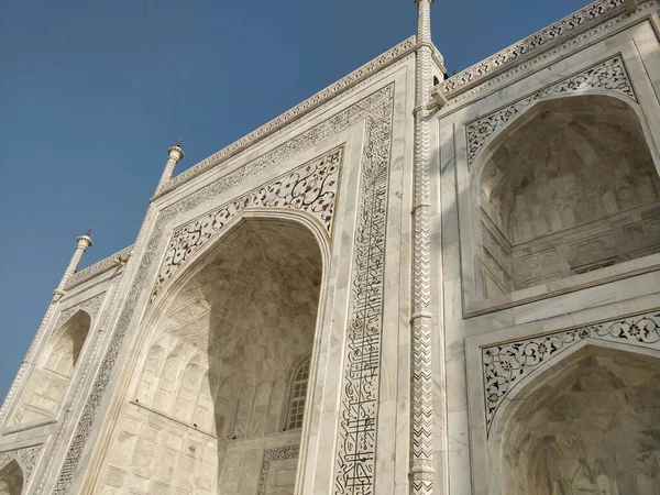 Niski Kąt Ujęcia Grawerowania Ścian Detale Taj Mahal Agra Indie — Zdjęcie stockowe