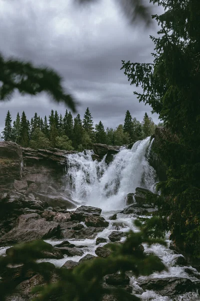 Vertikal Bild Ett Vackert Vattenfall Omgivet Täta Gröna Träd Dyster — Stockfoto