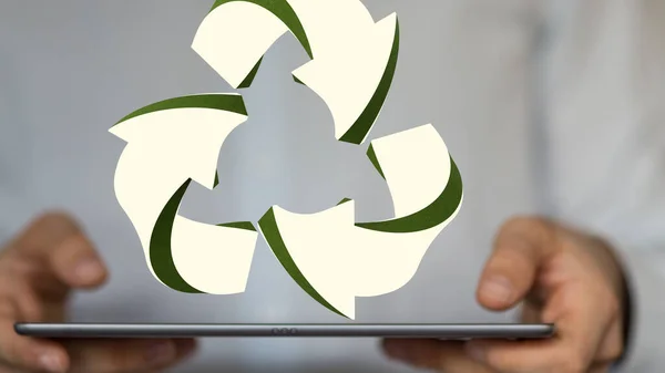 Візуалізація Значка Переробки Над Рукою Тримає Мобільний Планшет Екологічно Чиста — стокове фото