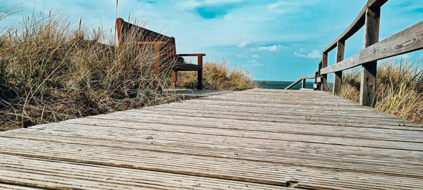 Eine Grasbewachsene Landschaft Mit Einer Holzbank Einer Uferpromenade Der Küste — Stockfoto