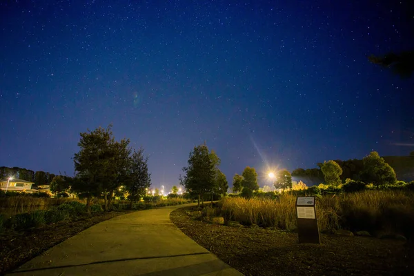 Egy Gyalogösvény Parkban Közvilágítással Kék Csillagos Alatt — Stock Fotó