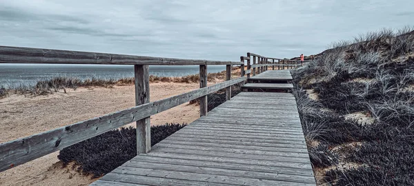 Wooden Boardwalk Elevated Grassy Coast Cloudy Sky — Stock Photo, Image