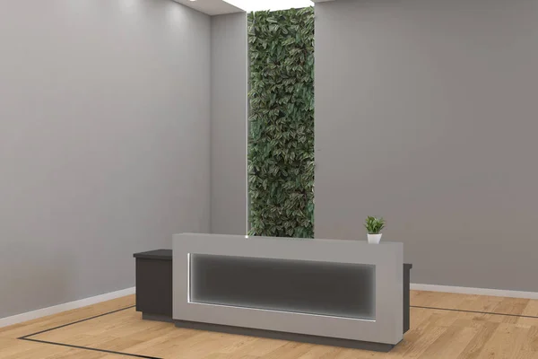 A 3D rendering of a modern office reception interior