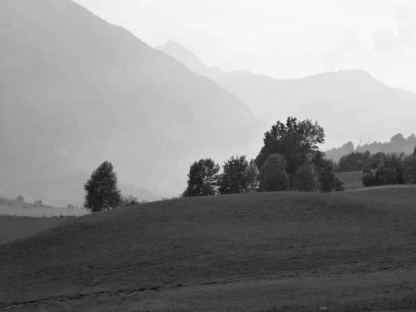 Eine Graustufenaufnahme Von Landwirtschaftlichen Feldern Bäumen Und Bergen Unter Klarem — Stockfoto