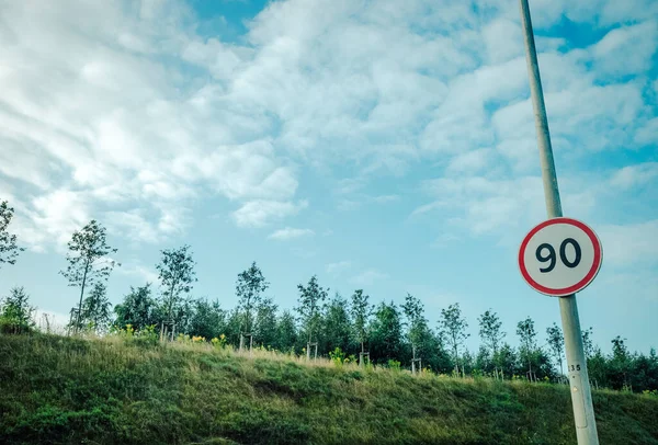 Landscape Blue Sky Long Metal Tube Street Traffic Road Sign — Stock Photo, Image