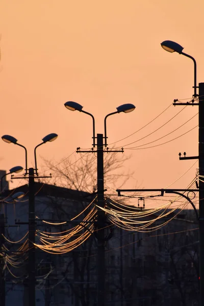 Vertikální Záběr Elektrických Kabelů Starých Pouličních Lamp Při Západu Slunce — Stock fotografie