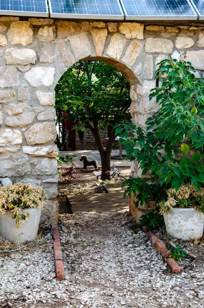 Çamurlu Duvarları Yeşil Bitkileri Ağaçları Olan Bir Bahçe Girişinin Sevimli — Stok fotoğraf